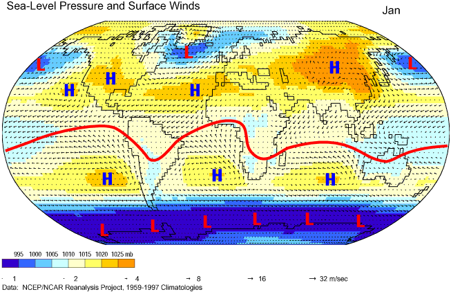 ITCZ, Pressure and Wind at Sea Level in January